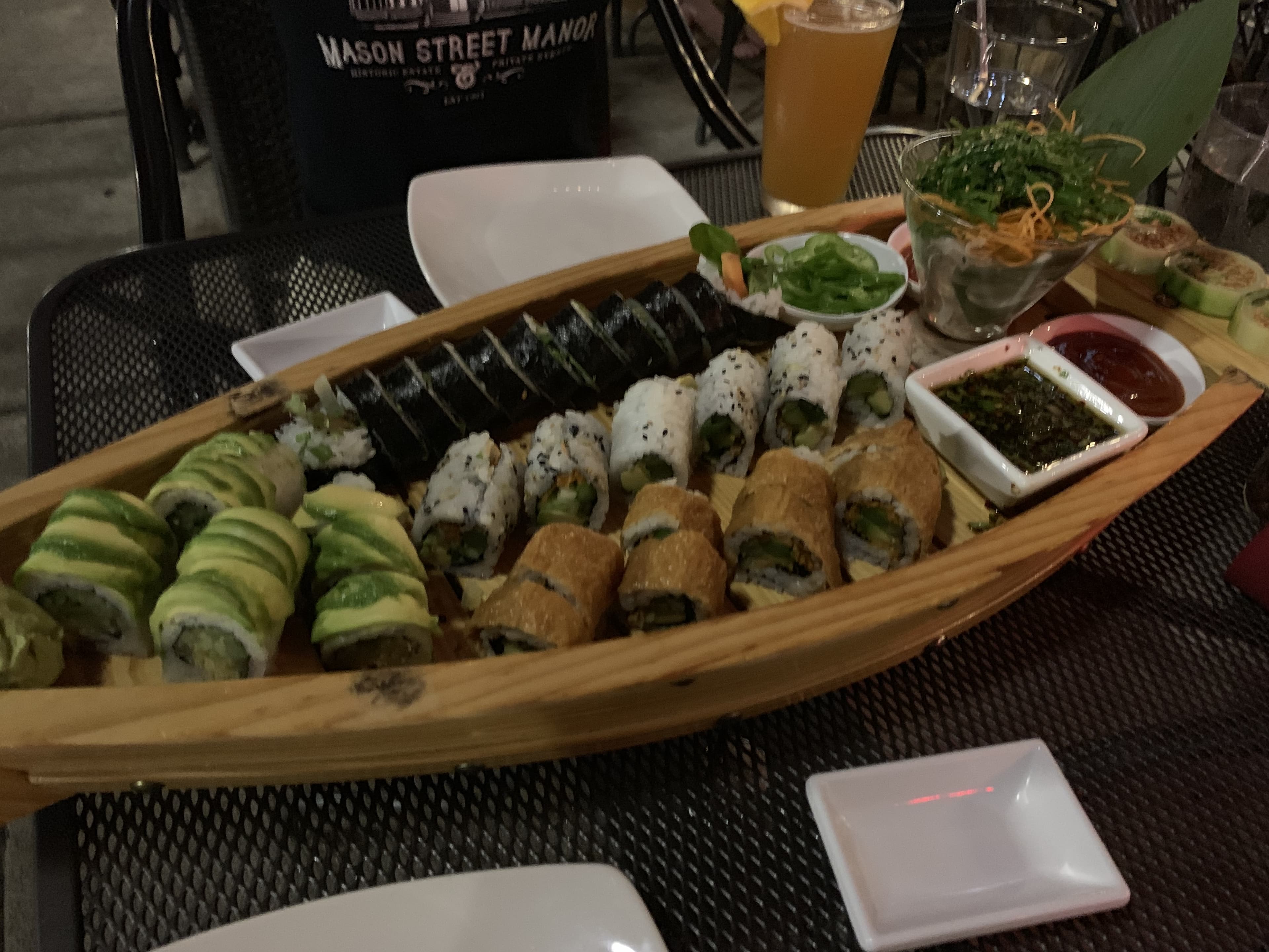 Plant-based sushi boat with assorted vegan rolls